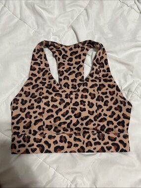 Fabletics Leopard Print Racerback Sports Bra - Tan/Black